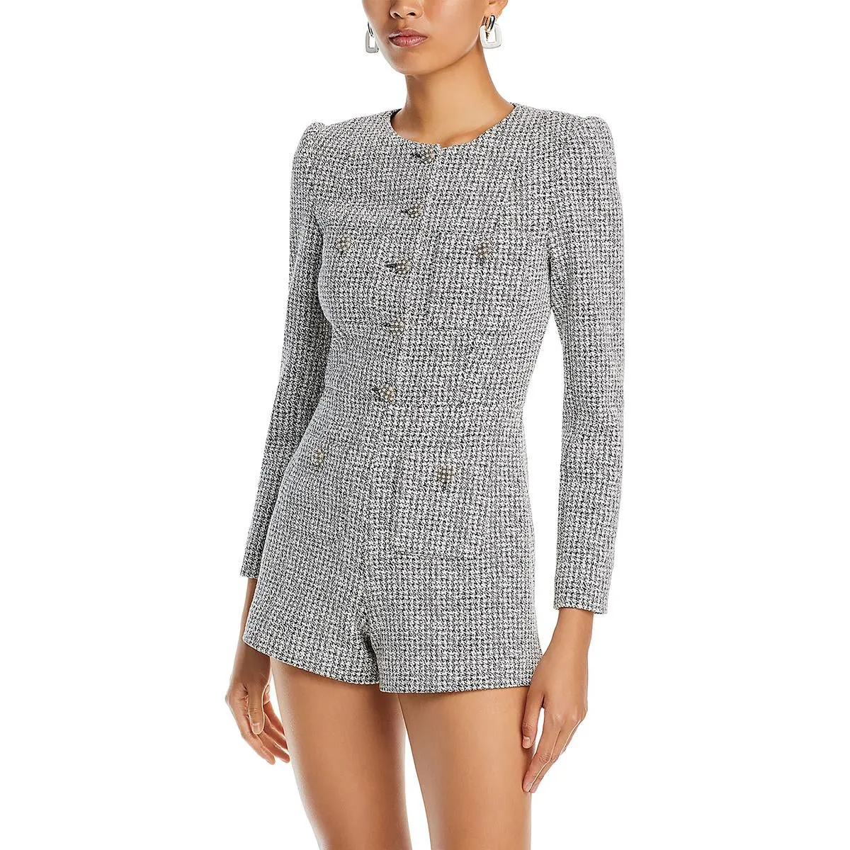 Womens Tweed Button-Front Romper